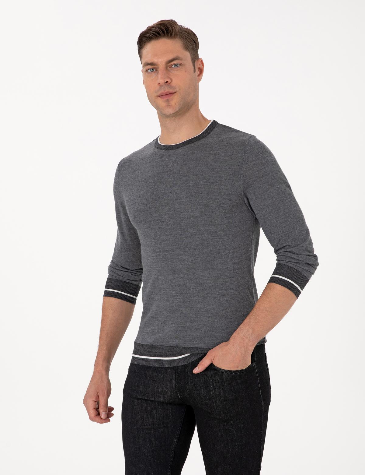 Açık Gri Melanj Slim Fit Bisiklet Yaka Yün Karışımlı Triko Kazak