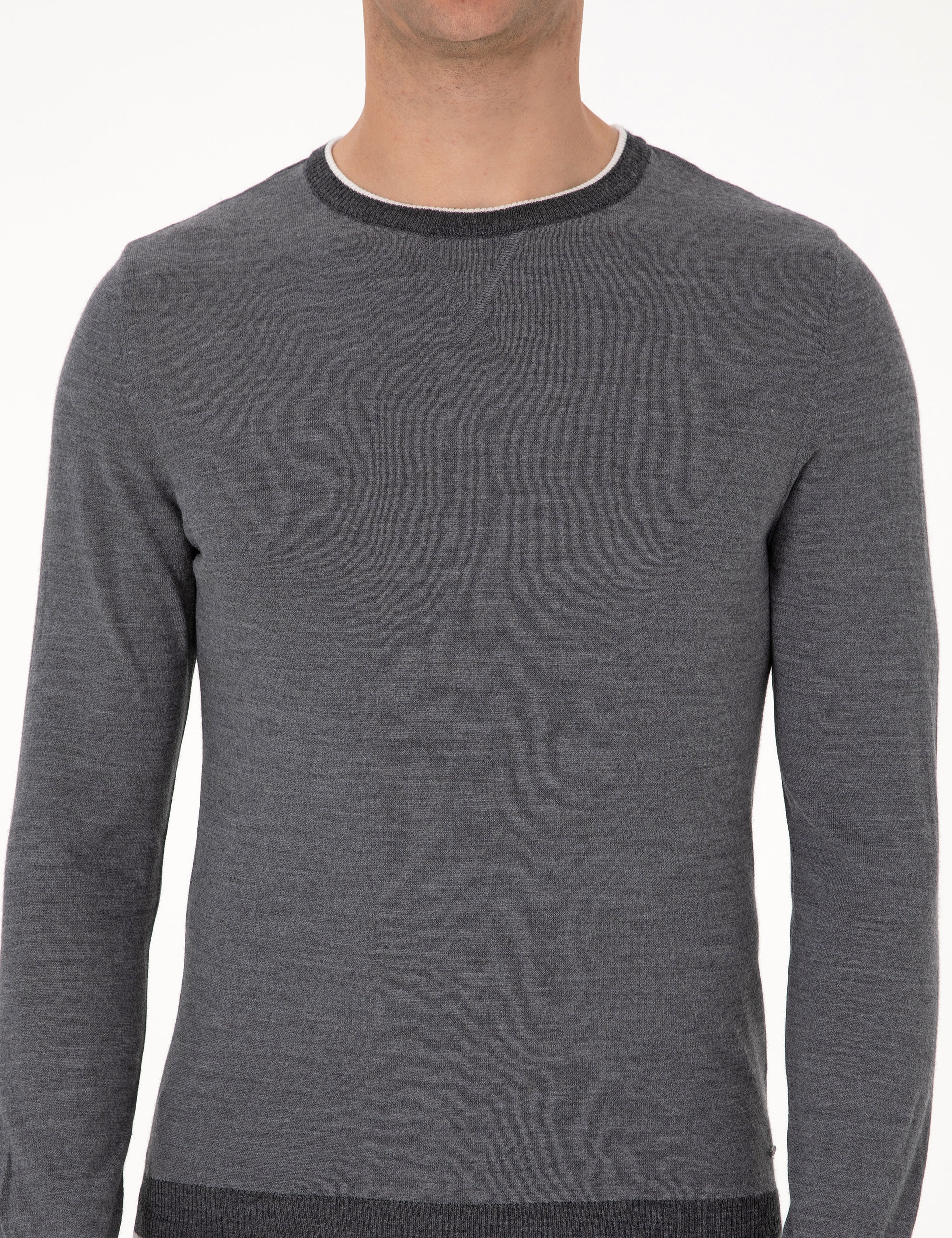 Açık Gri Melanj Slim Fit Bisiklet Yaka Yün Karışımlı Triko Kazak