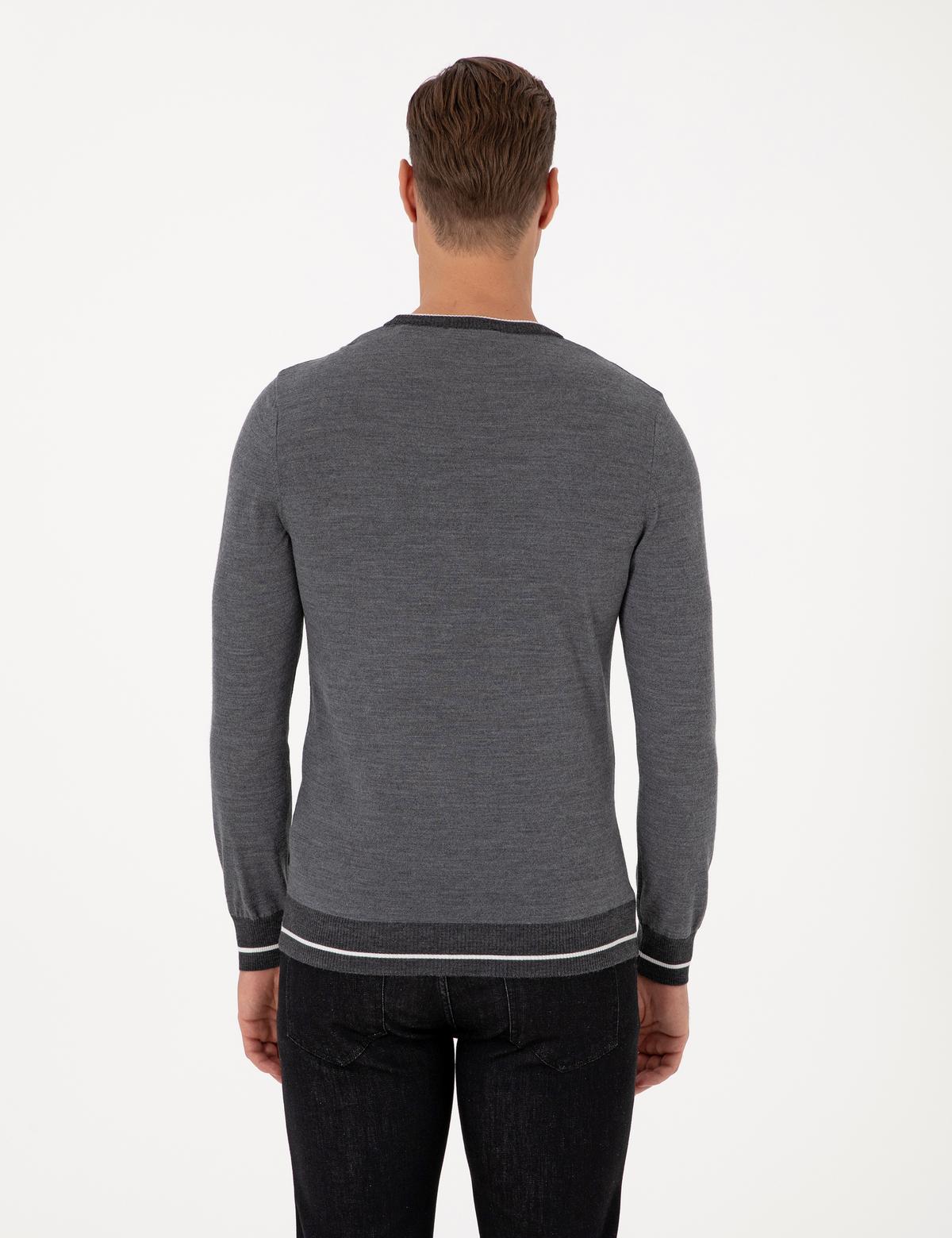 Açık Gri Melanj Slim Fit Bisiklet Yaka Yün Karışımlı Triko Kazak - 50315712001