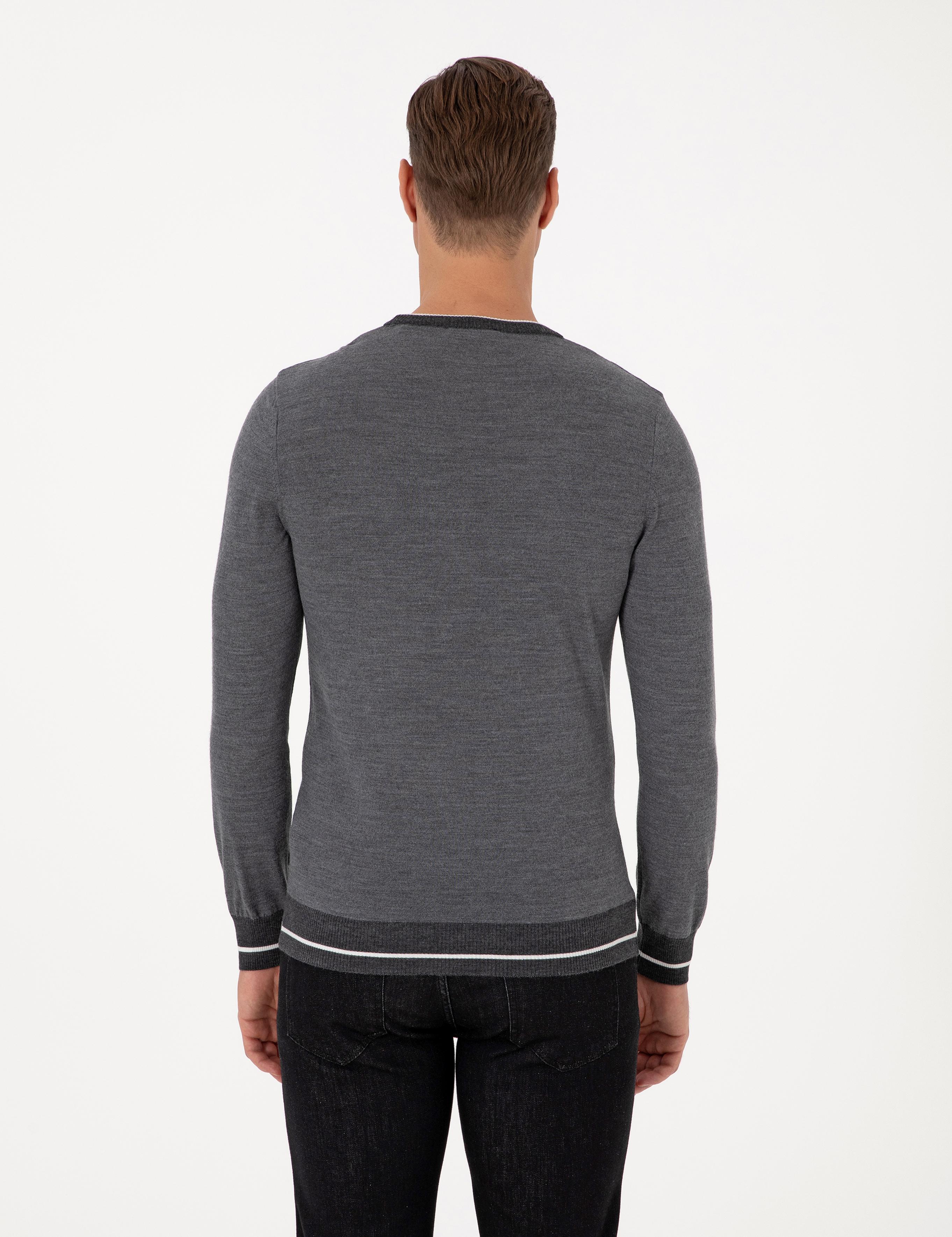 Açık Gri Melanj Slim Fit Bisiklet Yaka Yün Karışımlı Triko Kazak