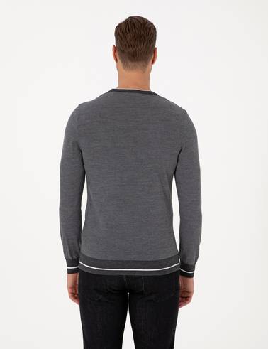 Açık Gri Melanj Slim Fit Bisiklet Yaka Yün Karışımlı Triko Kazak