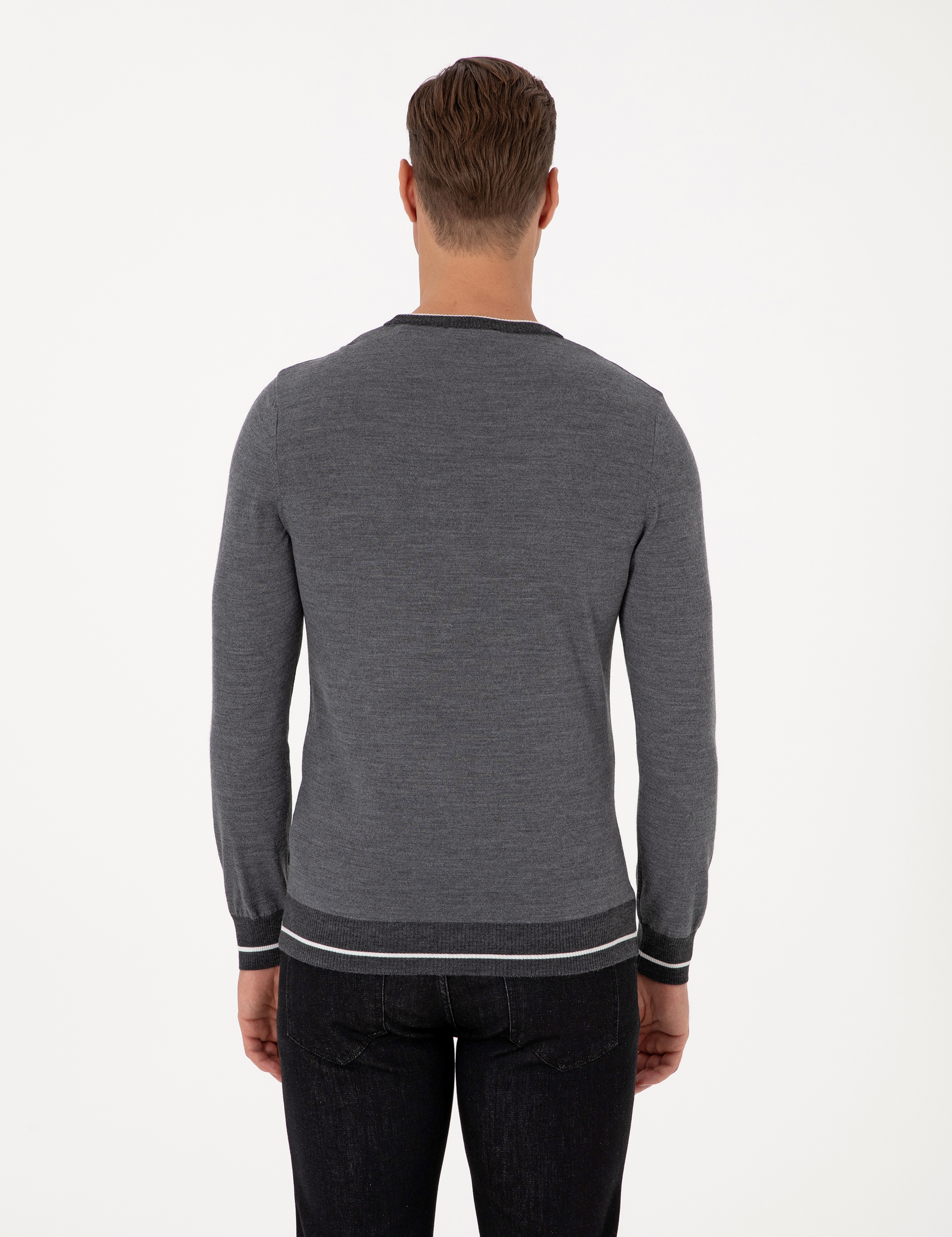 Açık Gri Melanj Slim Fit Bisiklet Yaka Yün Karışımlı Triko Kazak - Image 5