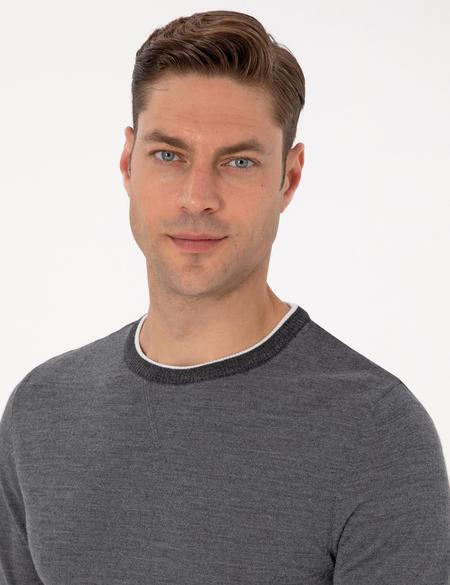 Açık Gri Melanj Slim Fit Bisiklet Yaka Yün Karışımlı Triko Kazak - 50315712001