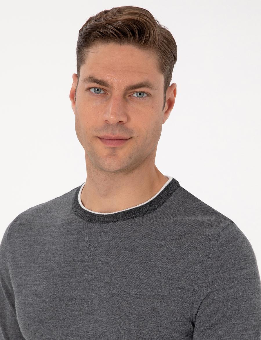 Açık Gri Melanj Slim Fit Bisiklet Yaka Yün Karışımlı Triko Kazak