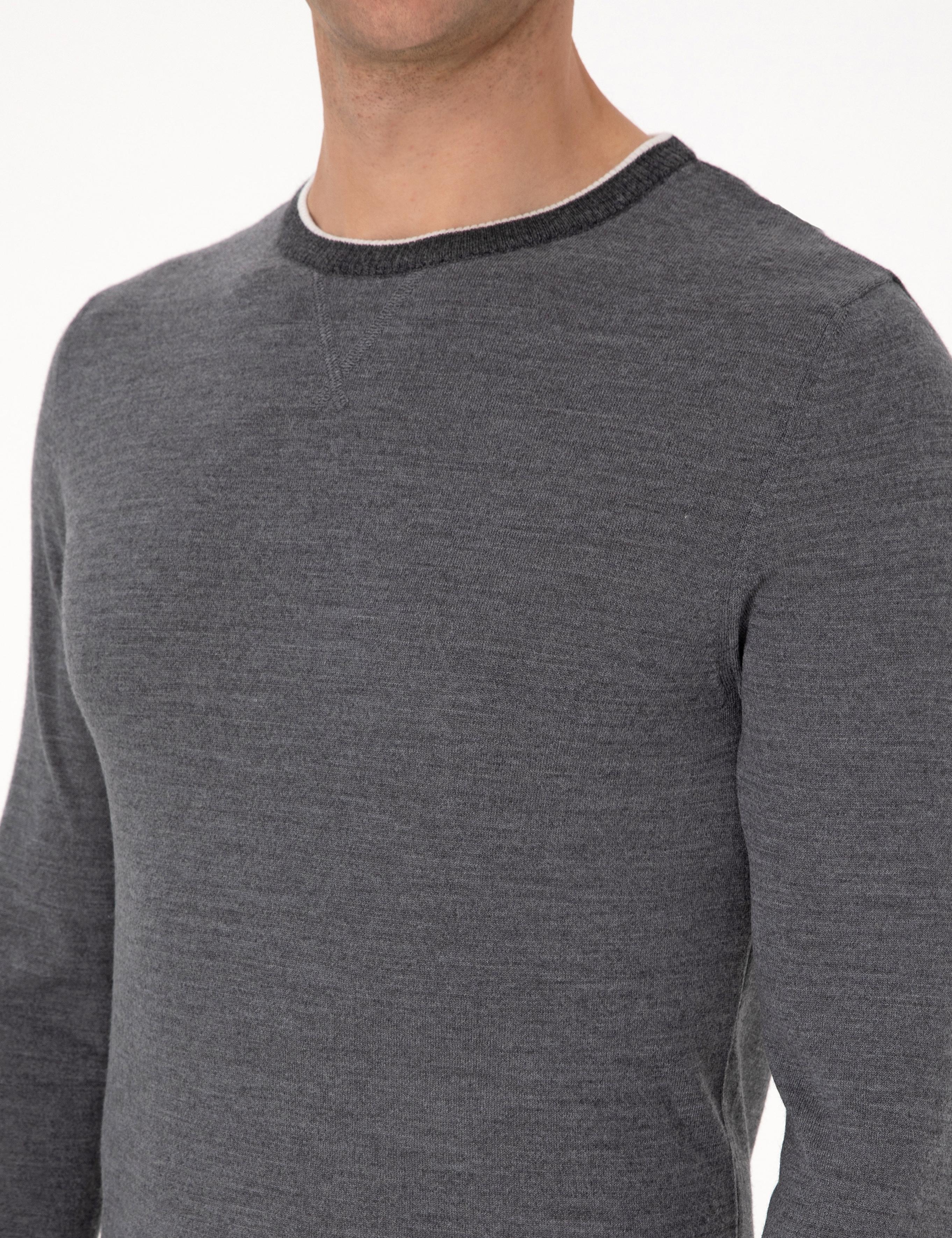 Açık Gri Melanj Slim Fit Bisiklet Yaka Yün Karışımlı Triko Kazak