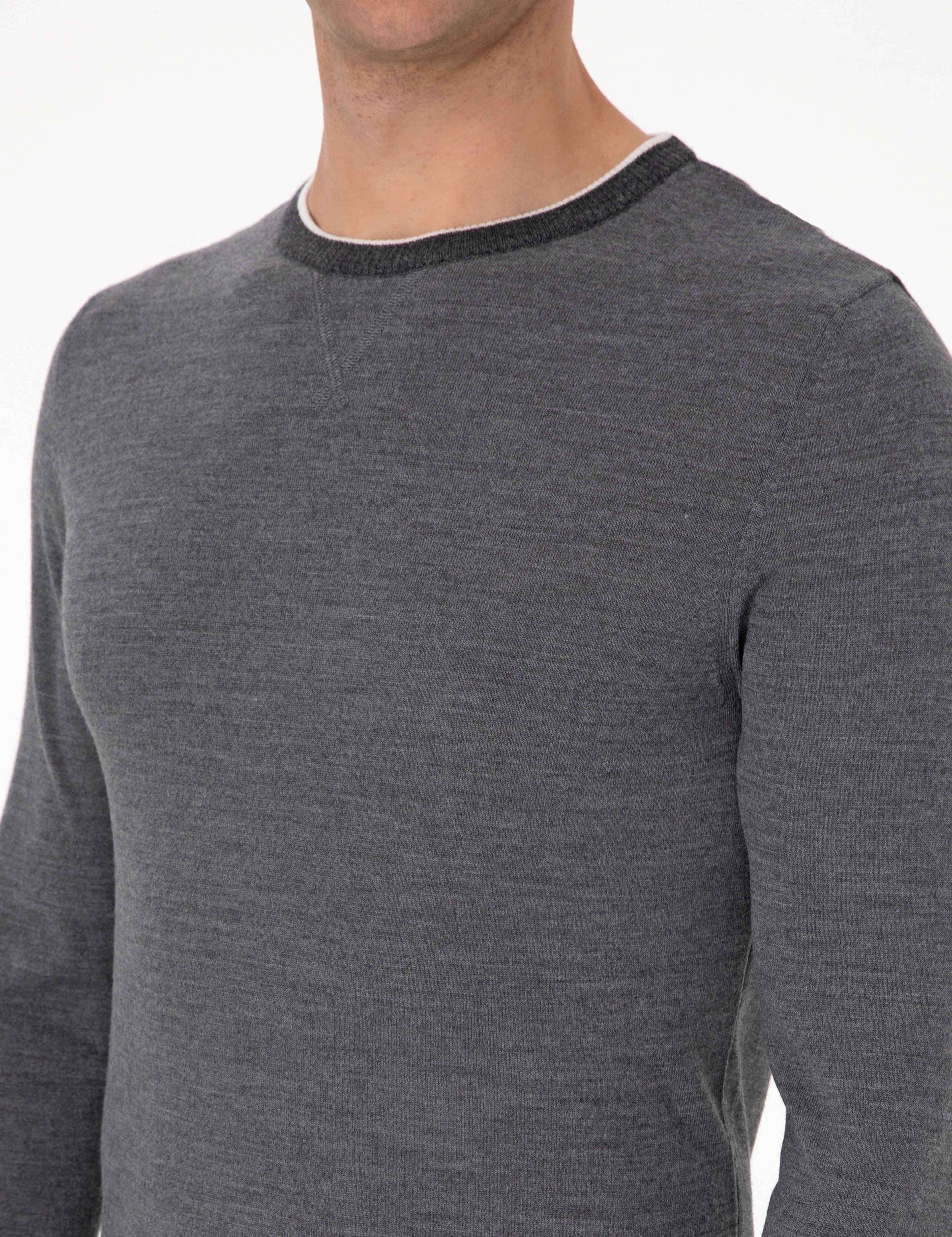 Açık Gri Melanj Slim Fit Bisiklet Yaka Yün Karışımlı Triko Kazak - Image 7