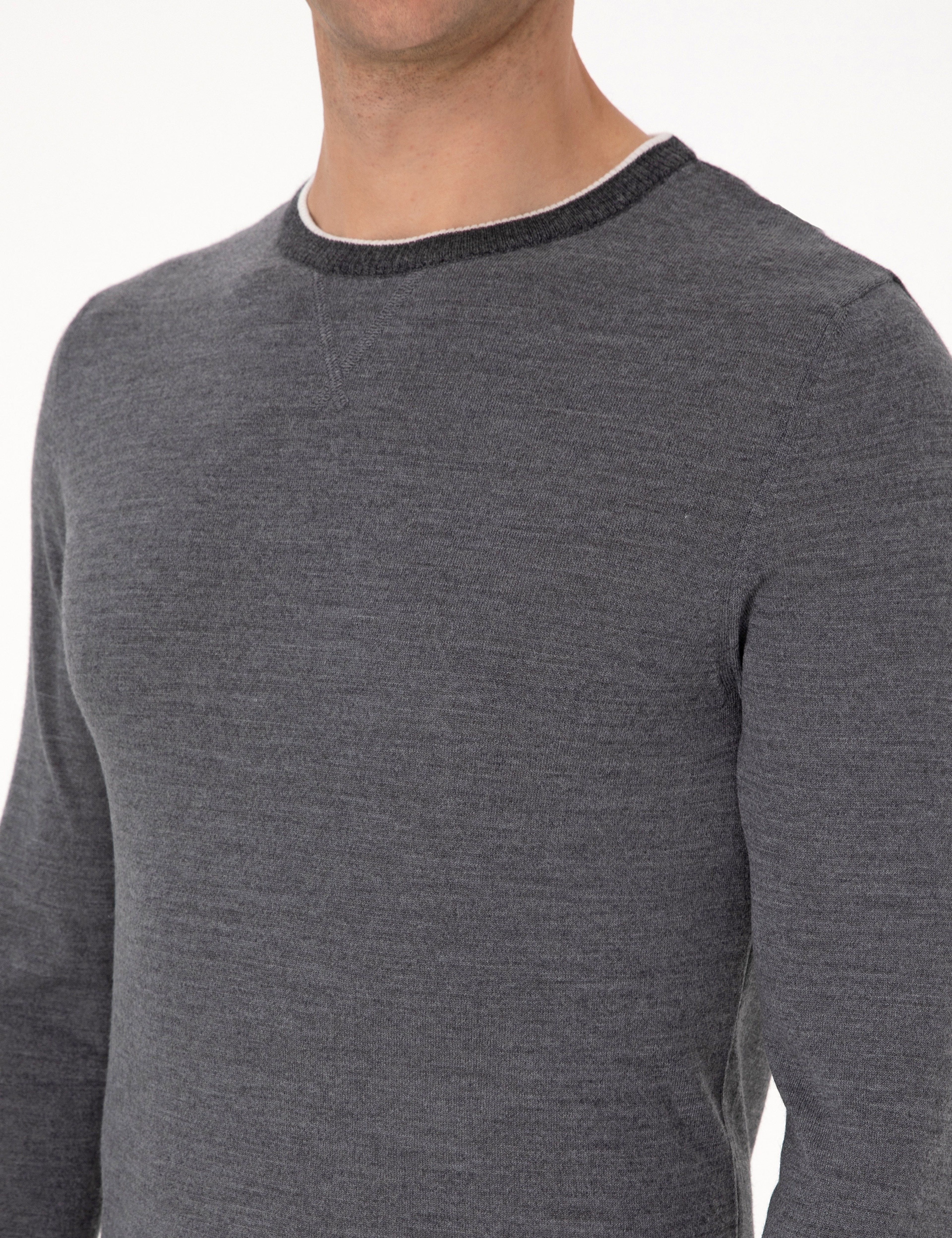 Açık Gri Melanj Slim Fit Bisiklet Yaka Yün Karışımlı Triko Kazak