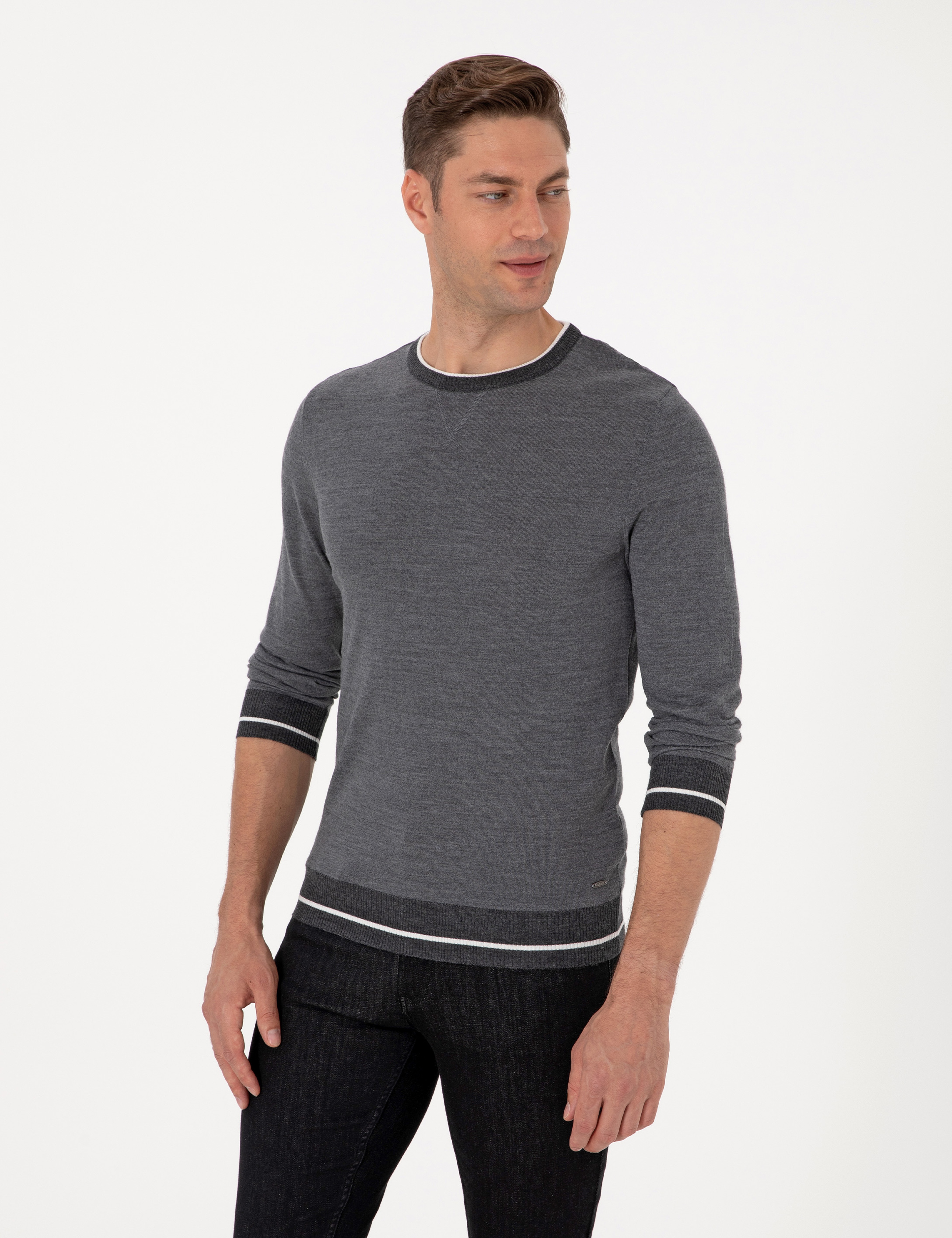 Açık Gri Melanj Slim Fit Bisiklet Yaka Yün Karışımlı Triko Kazak - Image 3
