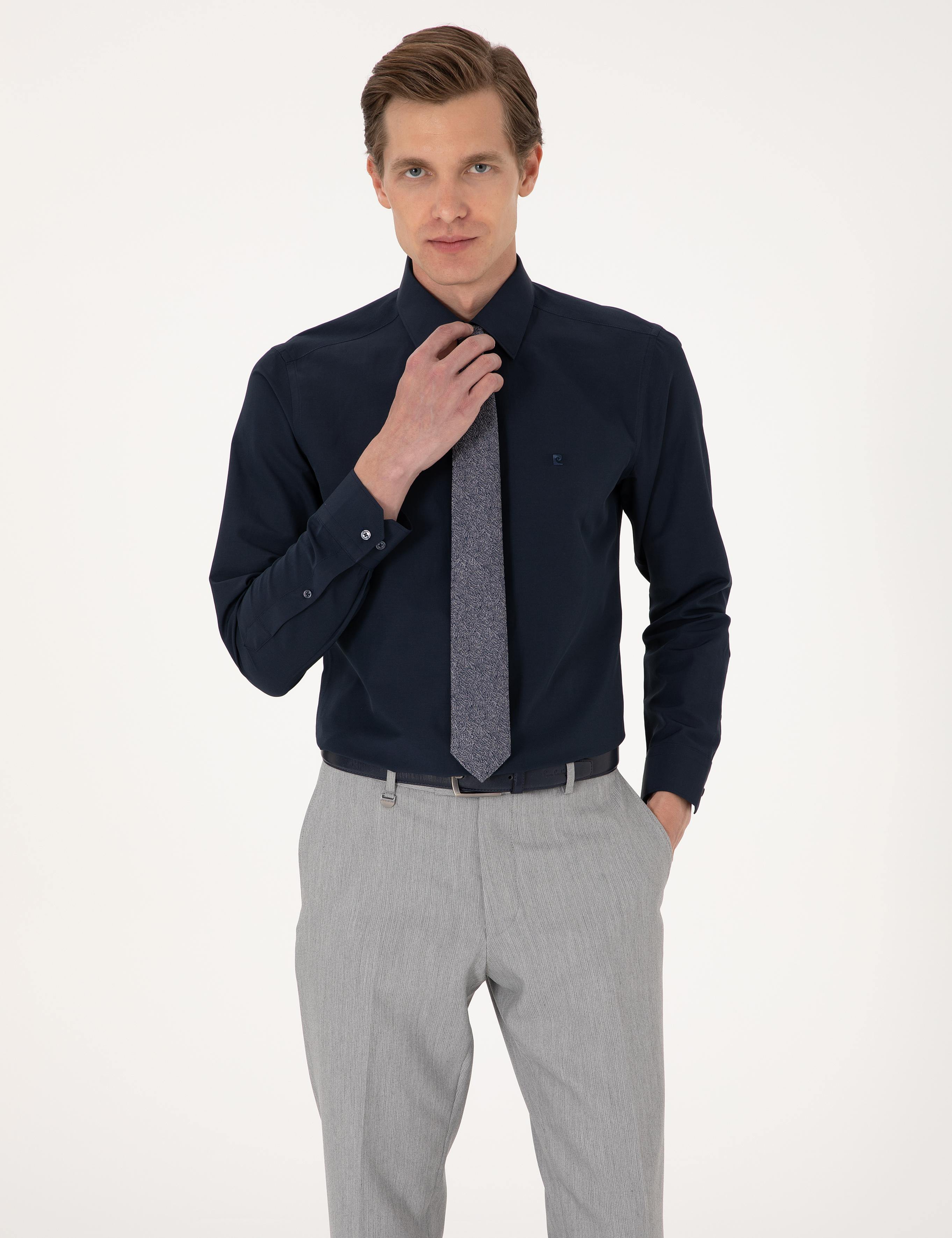 Lacivert Slim Fit Uzun Kollu Basic Gömlek