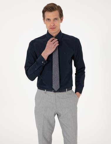 Lacivert Slim Fit Uzun Kollu Basic Gömlek