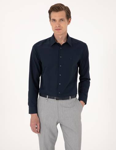 Lacivert Slim Fit Uzun Kollu Basic Gömlek