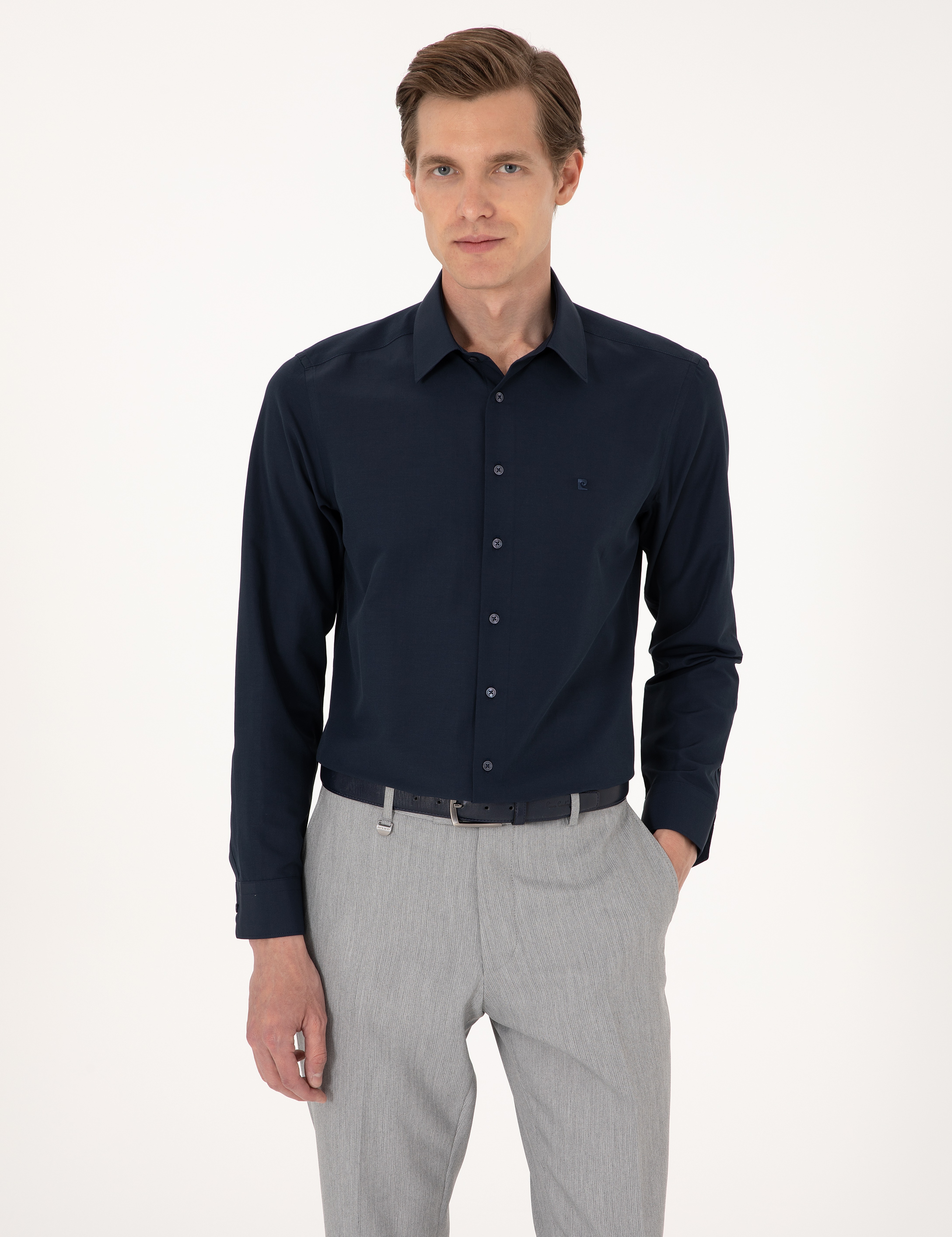 Lacivert Slim Fit Uzun Kollu Basic Gömlek - Image 3