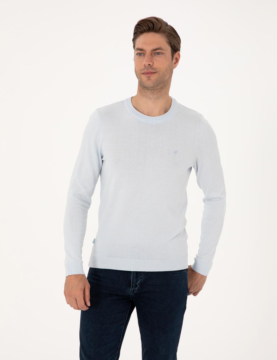 Açık Mavi Slim Fit Bisiklet Yaka Basic Triko Kazak