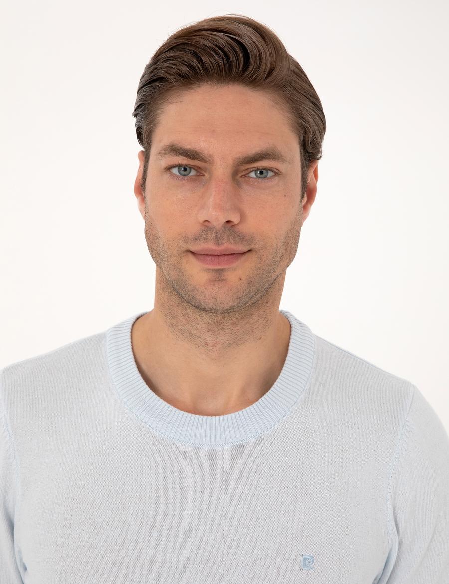 Açık Mavi Slim Fit Bisiklet Yaka Basic Triko Kazak