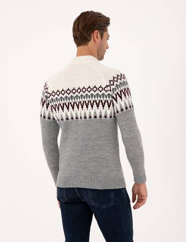 Açık Gri Melanj Slim Fit Çeyrek Yaka Triko Kazak