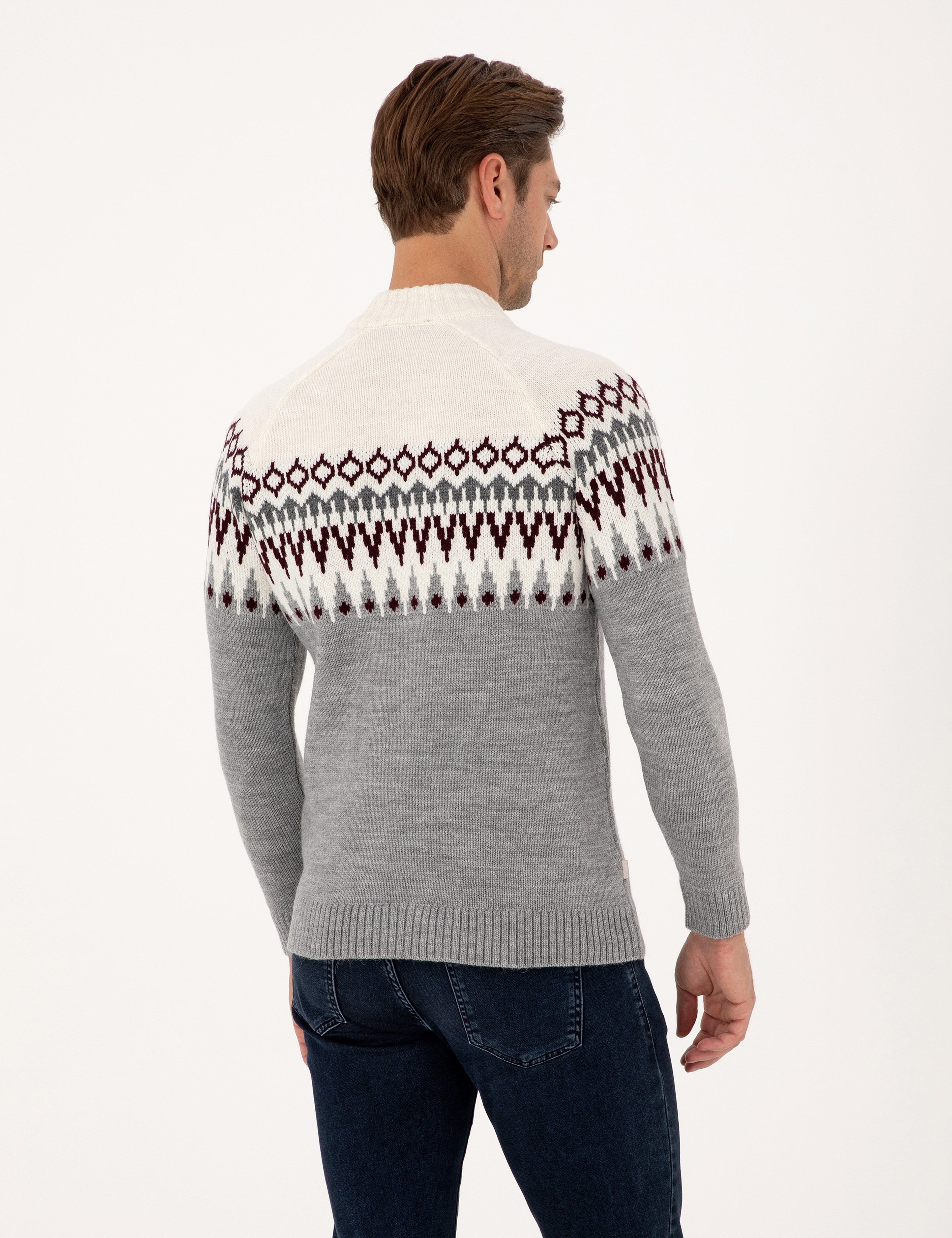 Açık Gri Melanj Slim Fit Çeyrek Yaka Triko Kazak