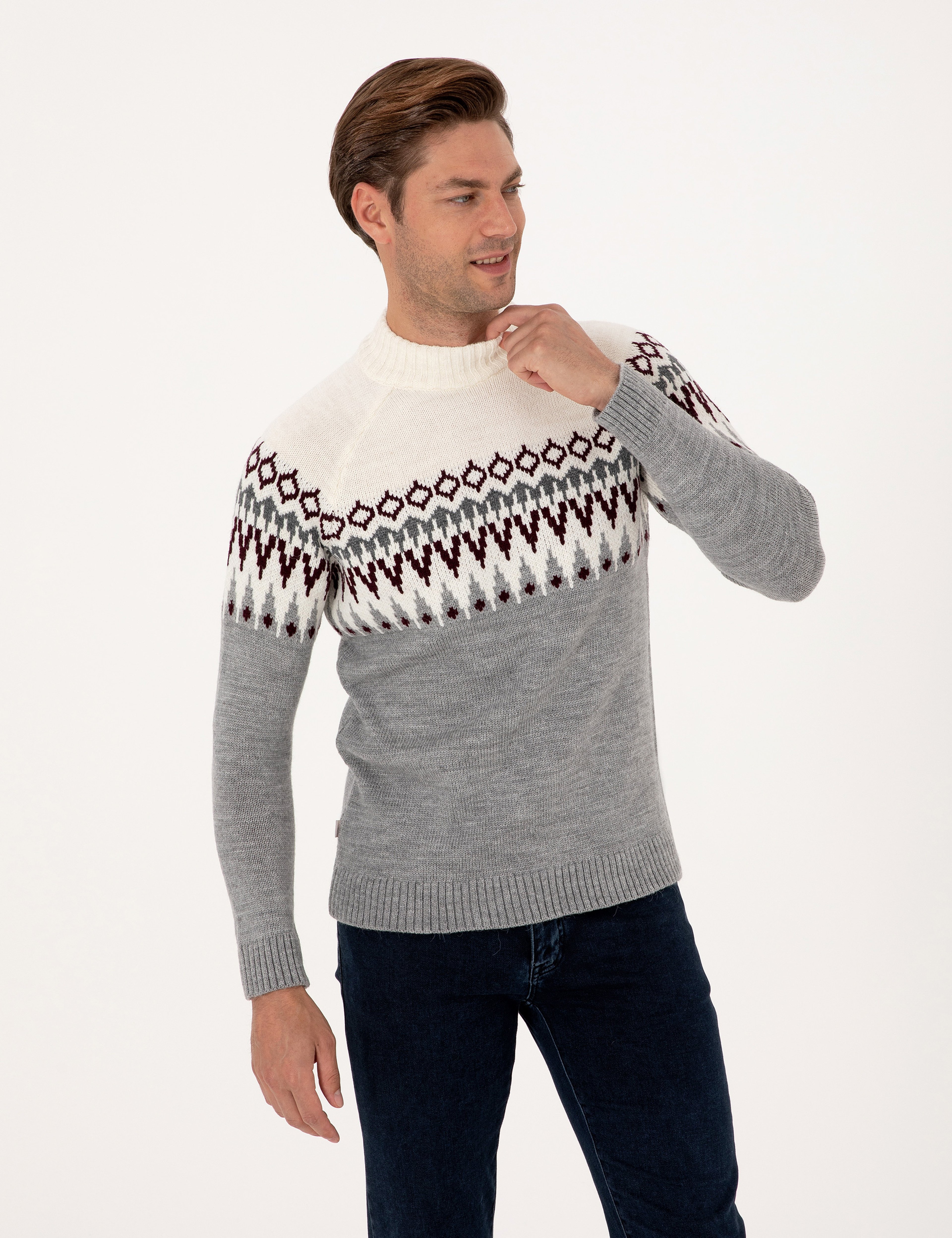 Açık Gri Melanj Slim Fit Çeyrek Yaka Triko Kazak - Image 3