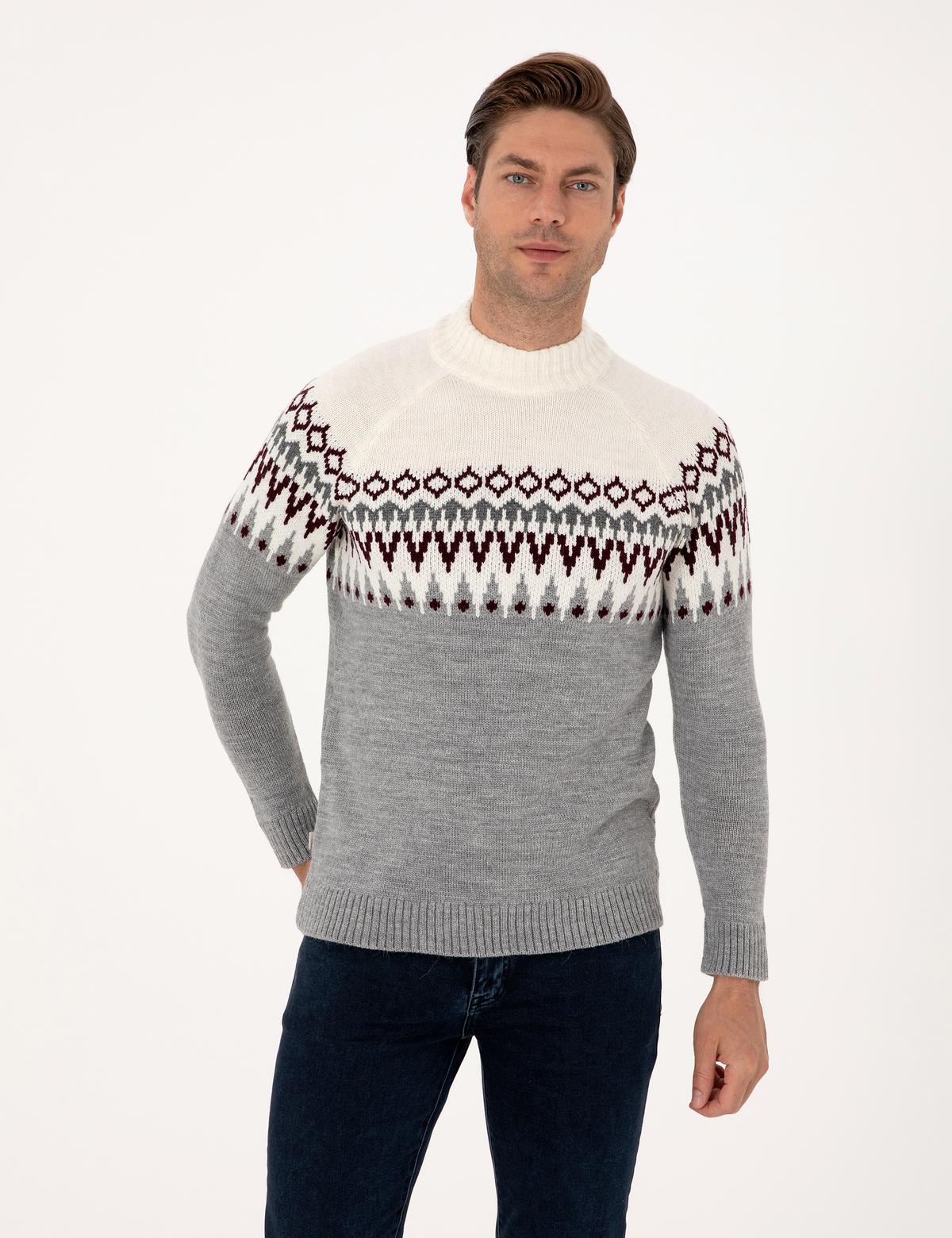 Açık Gri Melanj Slim Fit Çeyrek Yaka Triko Kazak