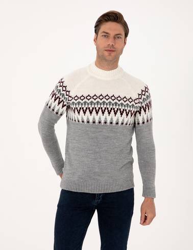 Açık Gri Melanj Slim Fit Çeyrek Yaka Triko Kazak
