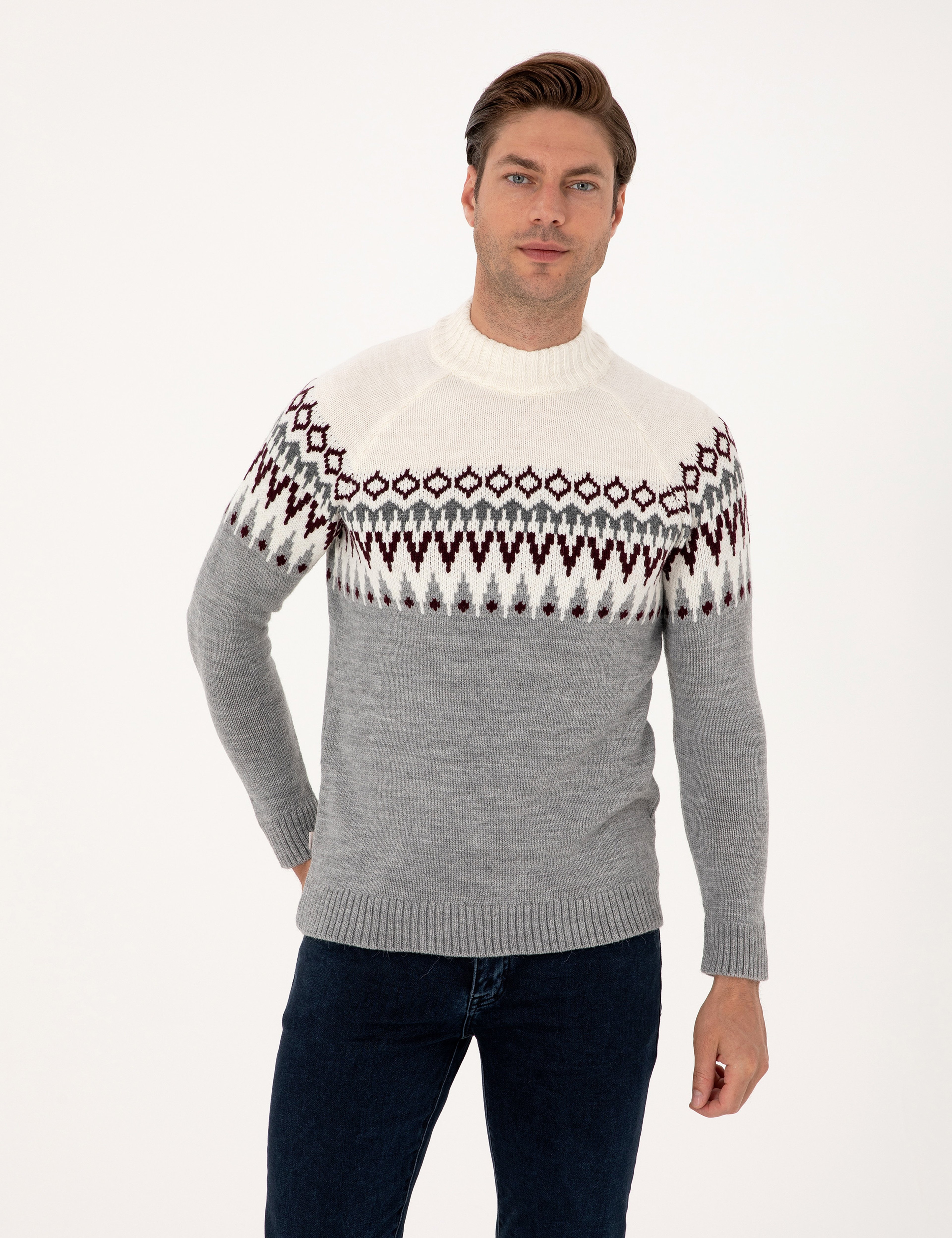 Açık Gri Melanj Slim Fit Çeyrek Yaka Triko Kazak - Image 1