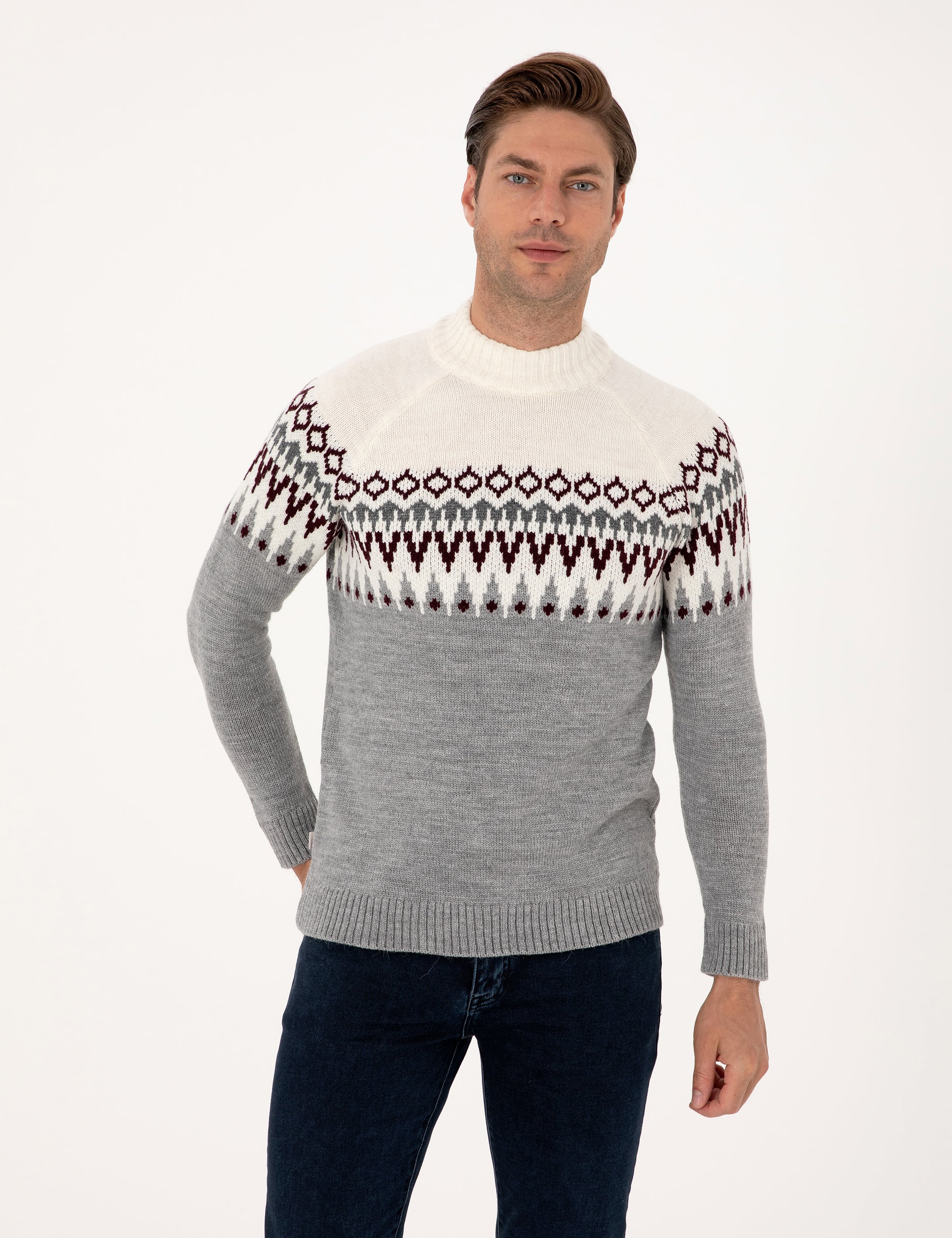 Açık Gri Melanj Slim Fit Çeyrek Yaka Triko Kazak