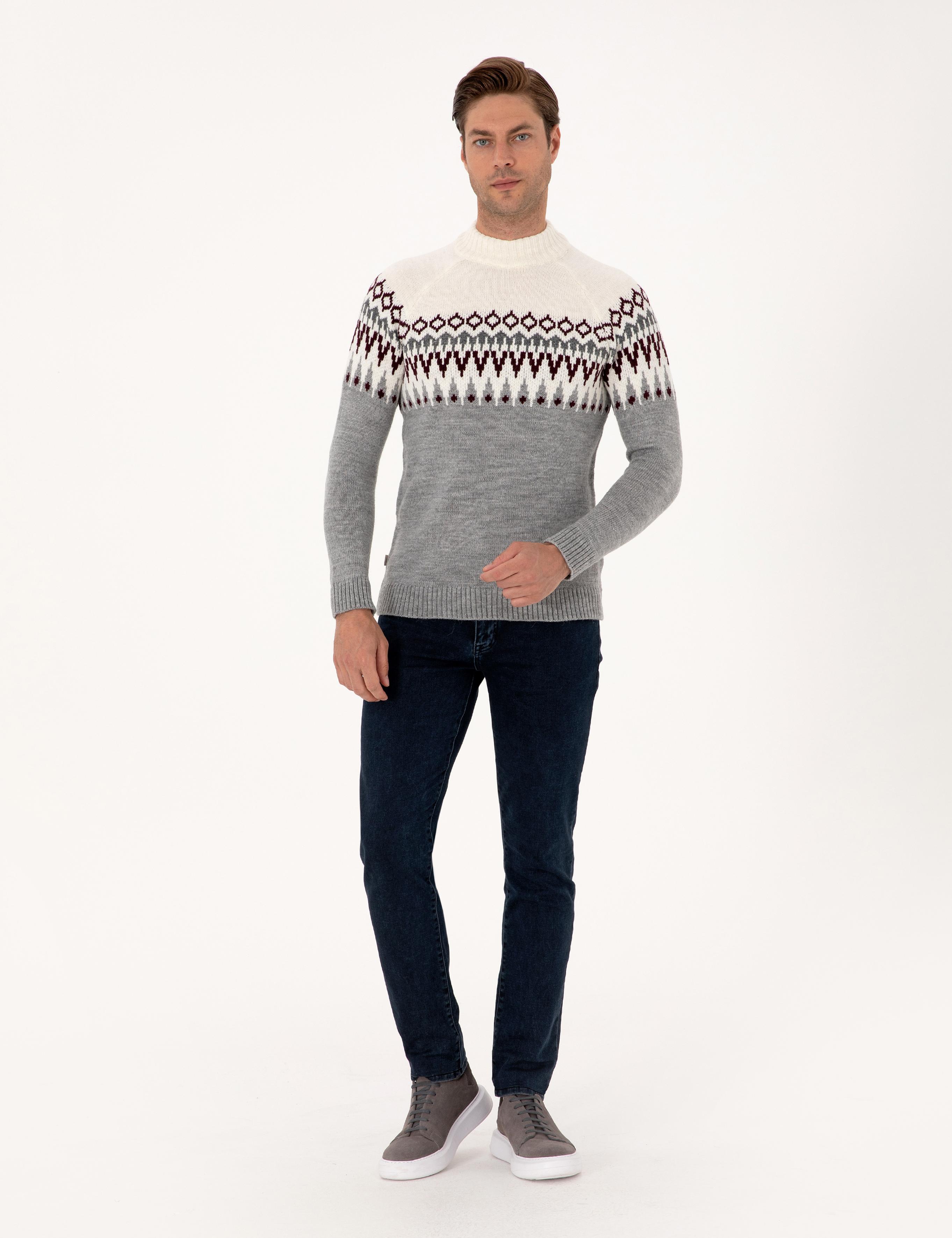 Açık Gri Melanj Slim Fit Çeyrek Yaka Triko Kazak