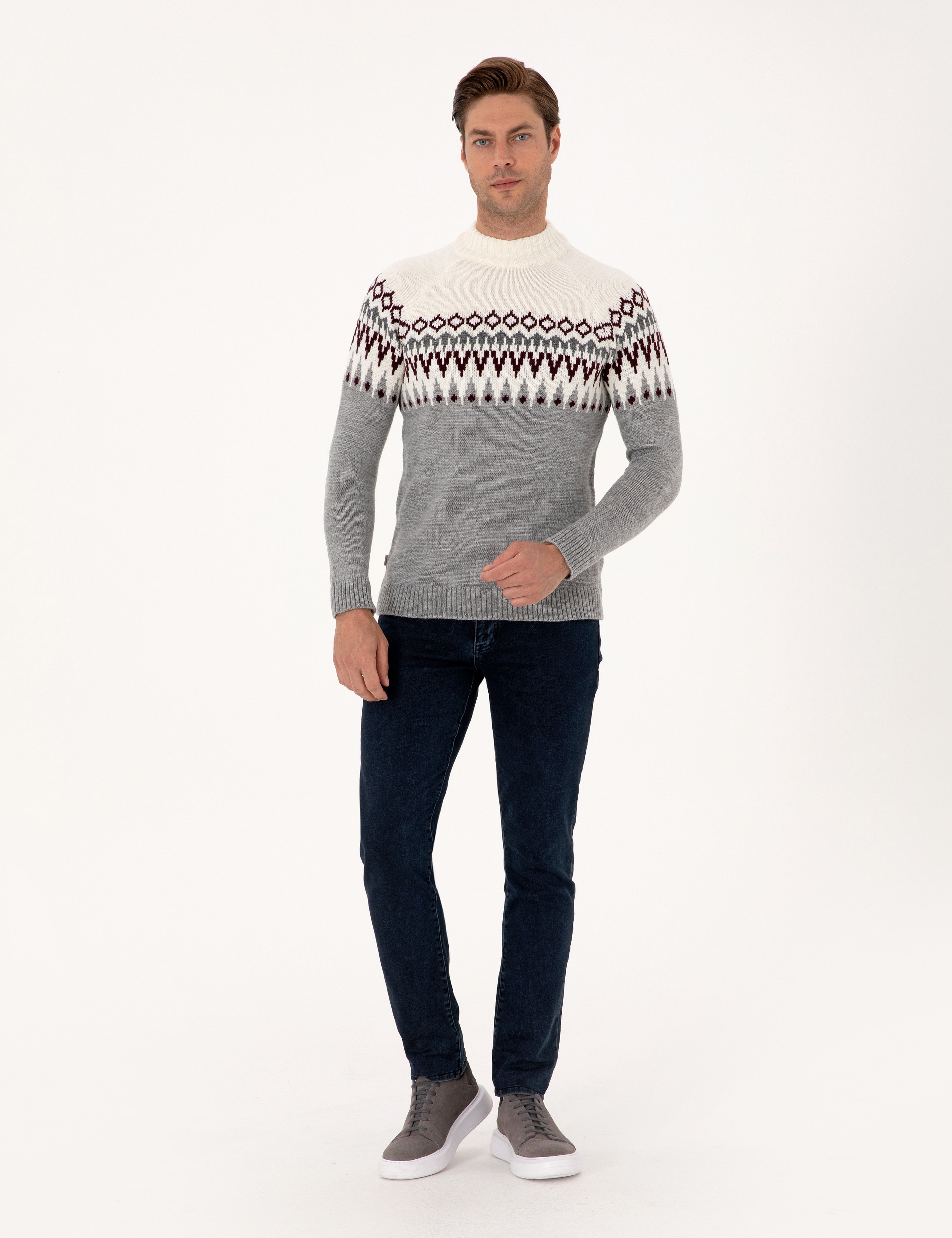 Açık Gri Melanj Slim Fit Çeyrek Yaka Triko Kazak - Image 4