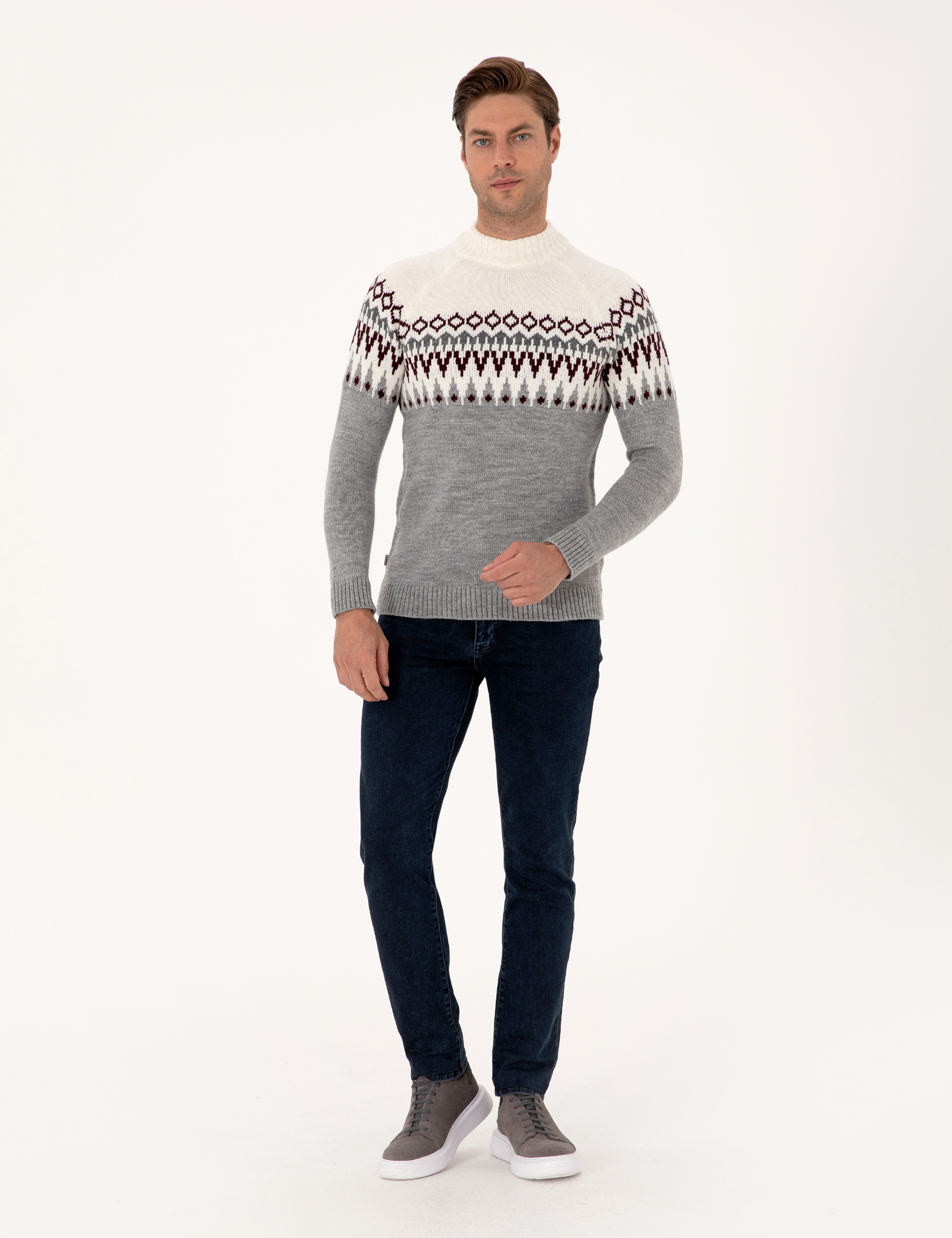 Açık Gri Melanj Slim Fit Çeyrek Yaka Triko Kazak