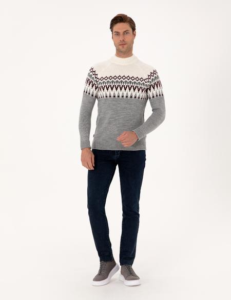 Açık Gri Melanj Slim Fit Çeyrek Yaka Triko Kazak - 50315740019