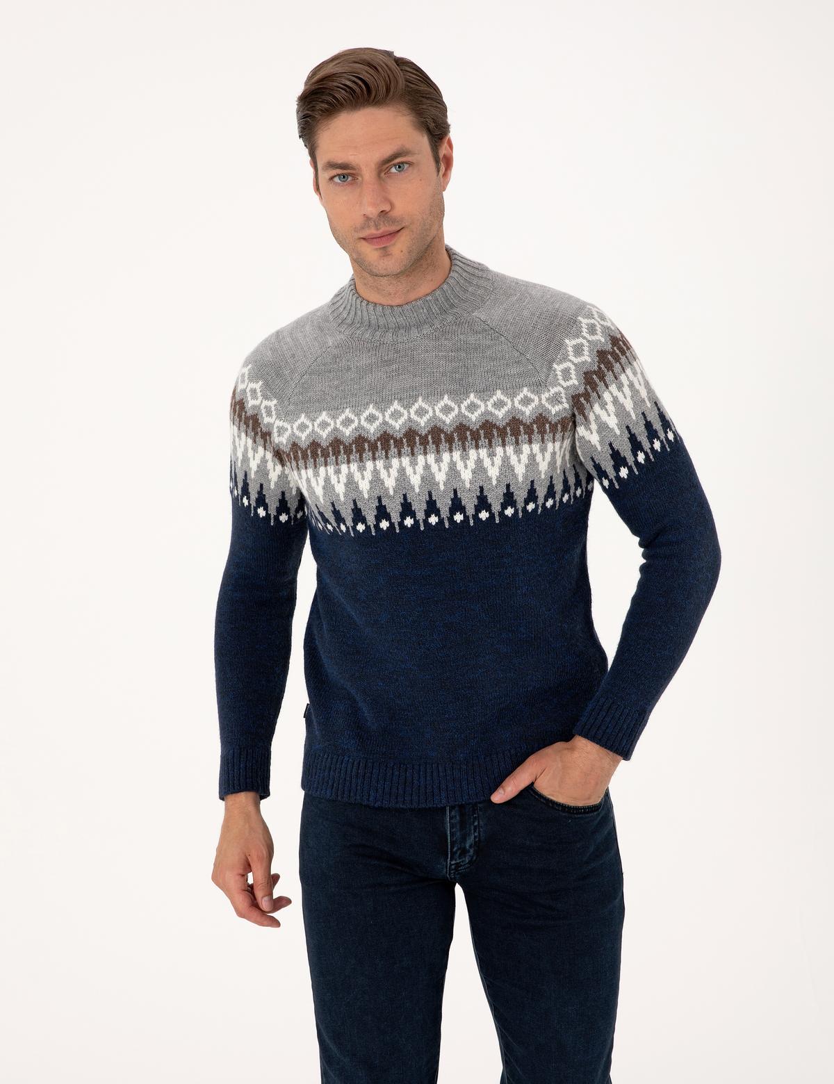 Lacivert Slim Fit Çeyrek Yaka Triko Kazak