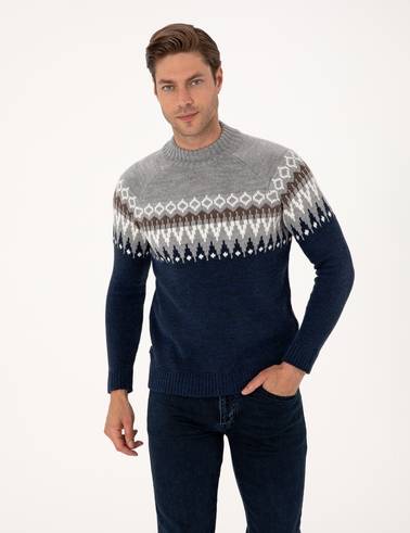 Lacivert Slim Fit Çeyrek Yaka Triko Kazak