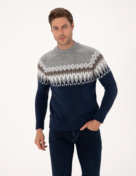 Lacivert Slim Fit Çeyrek Yaka Triko Kazak - 50315740009