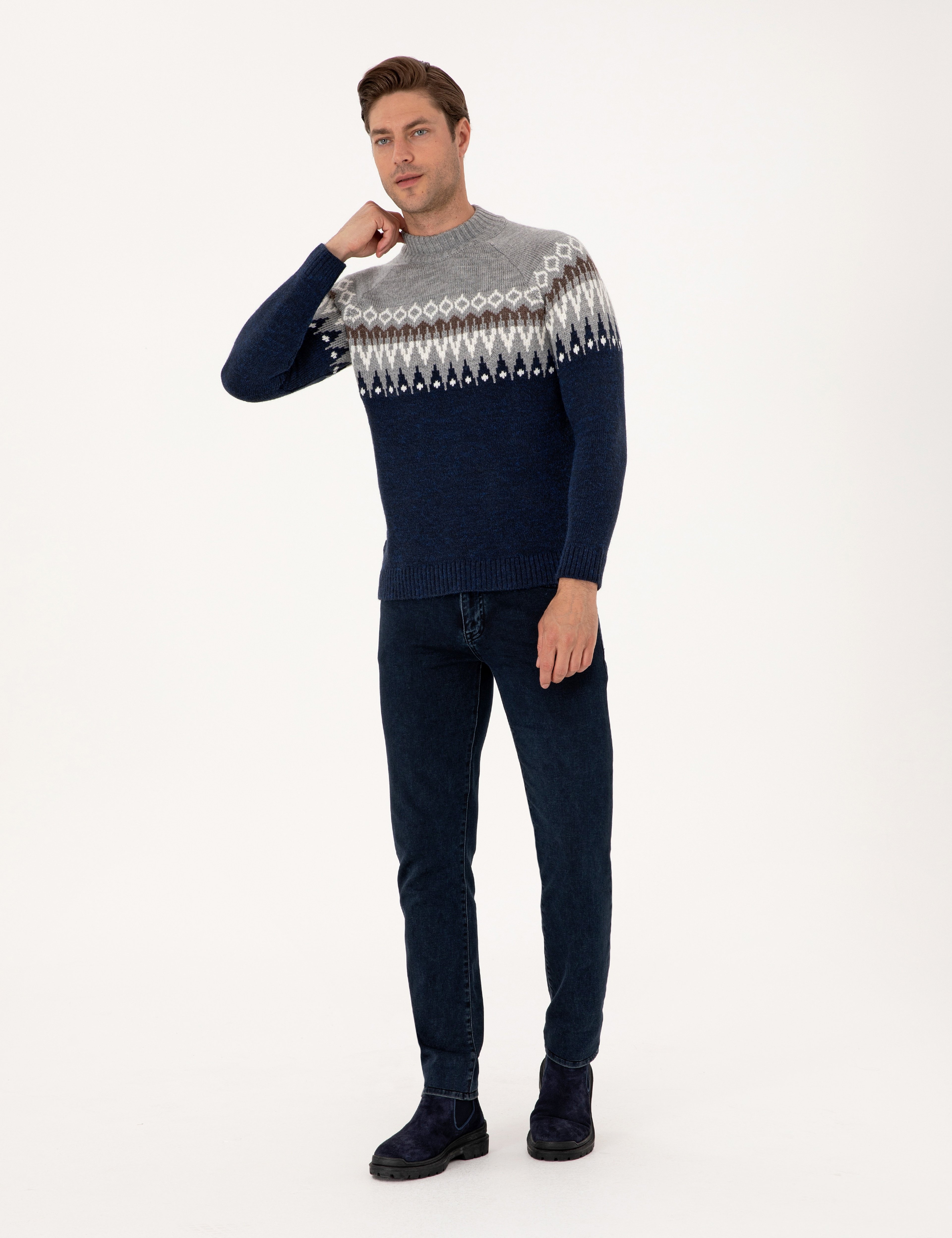 Lacivert Slim Fit Çeyrek Yaka Triko Kazak - Image 4