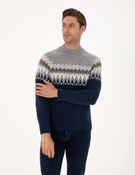 Lacivert Slim Fit Çeyrek Yaka Triko Kazak - 50315740009