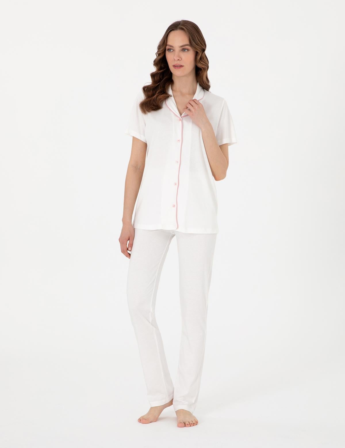 Krem Kısakollu Gömlek Pijama Takımı