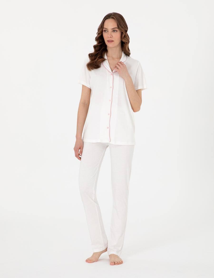 Krem Kısakollu Gömlek Pijama Takımı