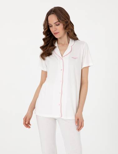 Krem Kısakollu Gömlek Pijama Takımı