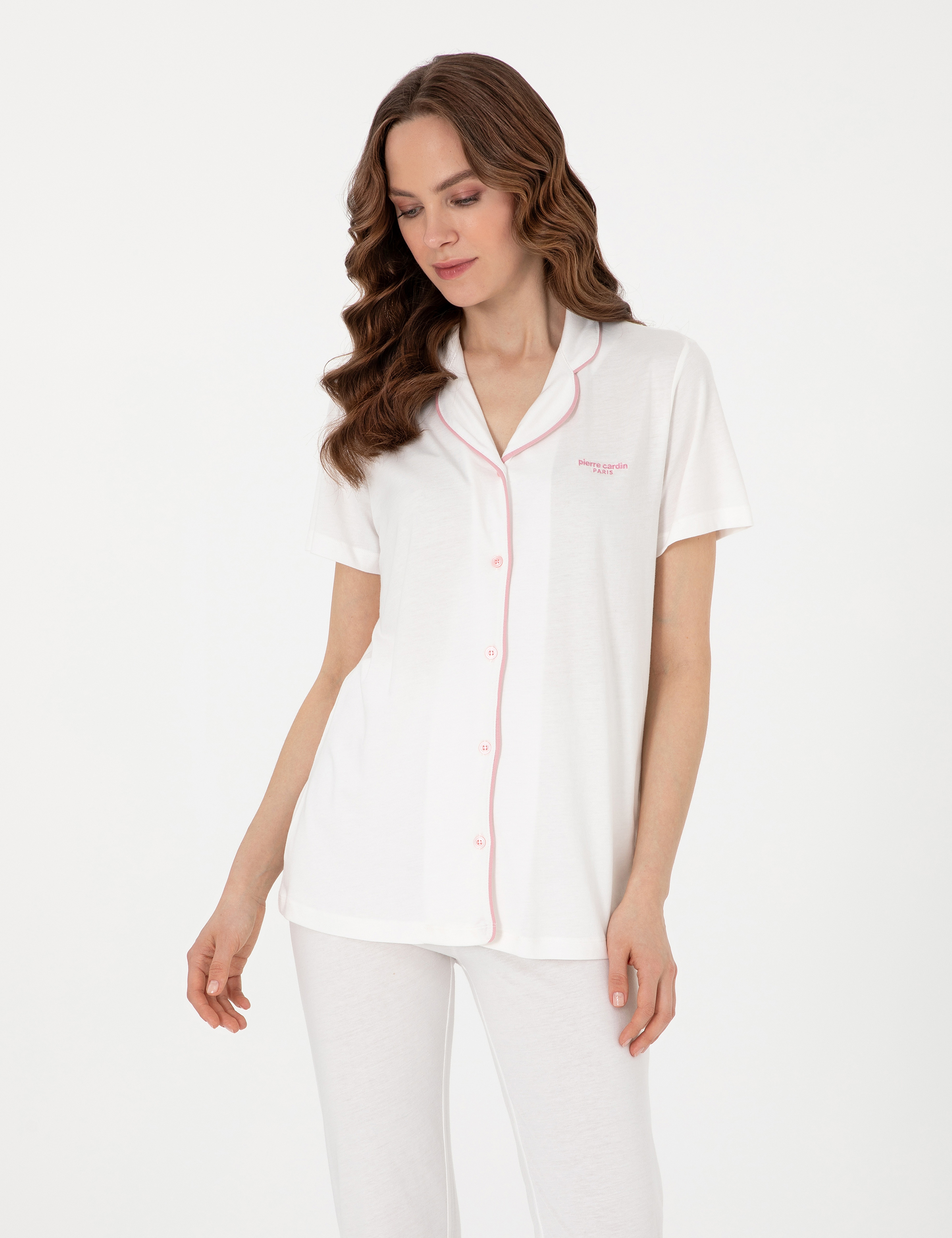 Krem Kısakollu Gömlek Pijama Takımı - Image 3