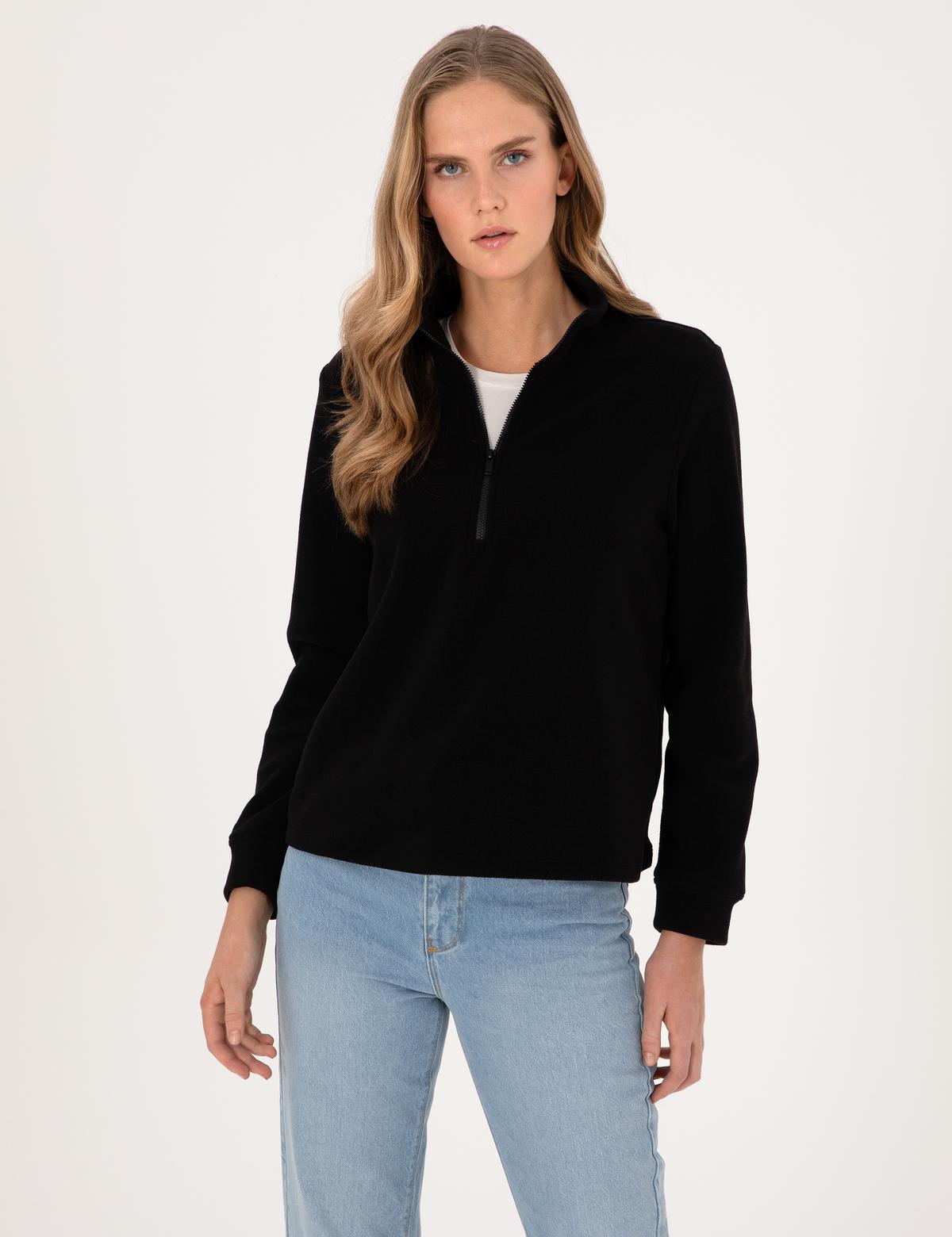 Siyah Comfort Fit Fermuarlı Polar Sweatshirt - 50316333045