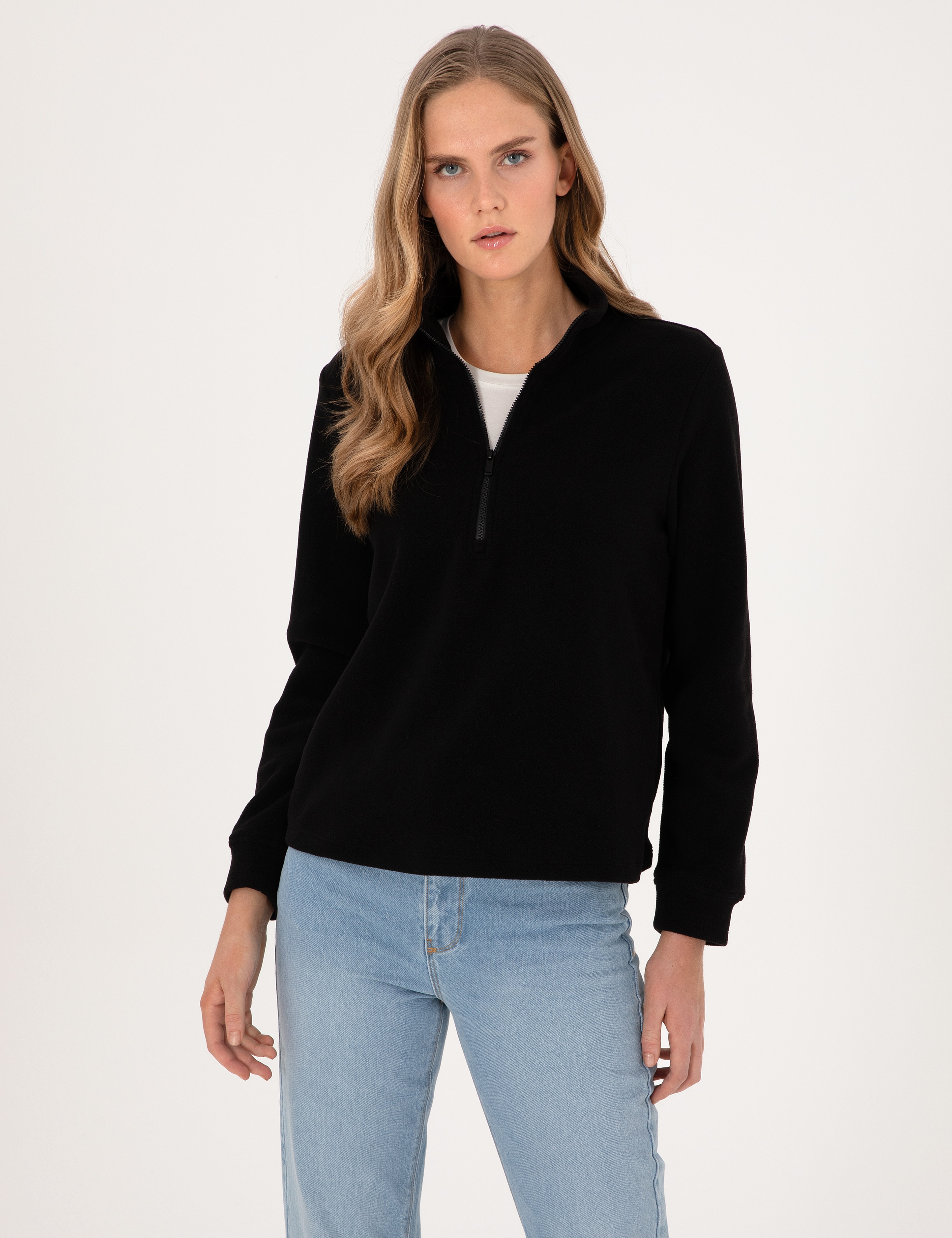 Siyah Comfort Fit Fermuarlı Polar Sweatshirt - Image 3