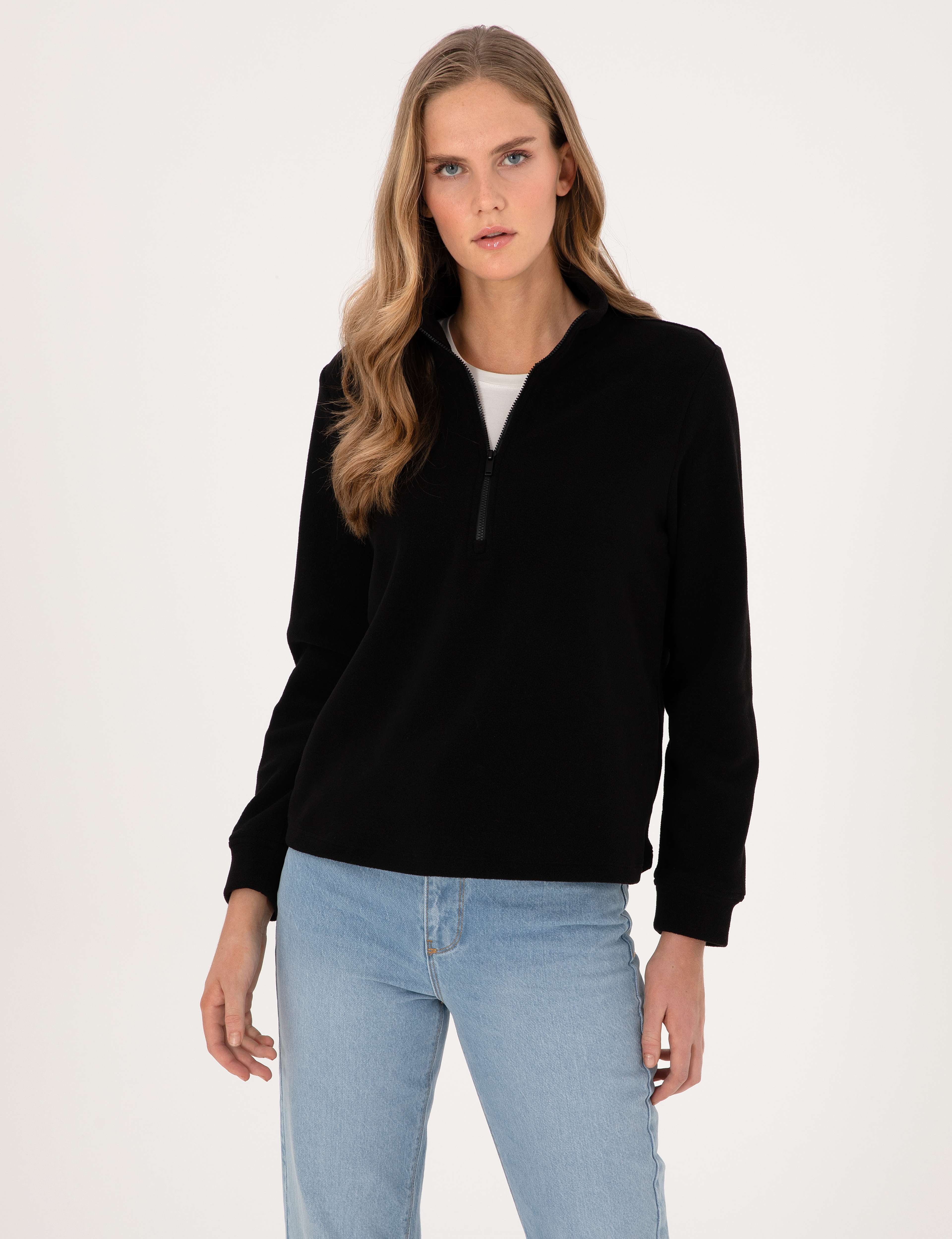 Siyah Comfort Fit Fermuarlı Polar Sweatshirt