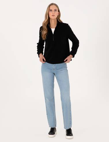 Siyah Comfort Fit Fermuarlı Polar Sweatshirt