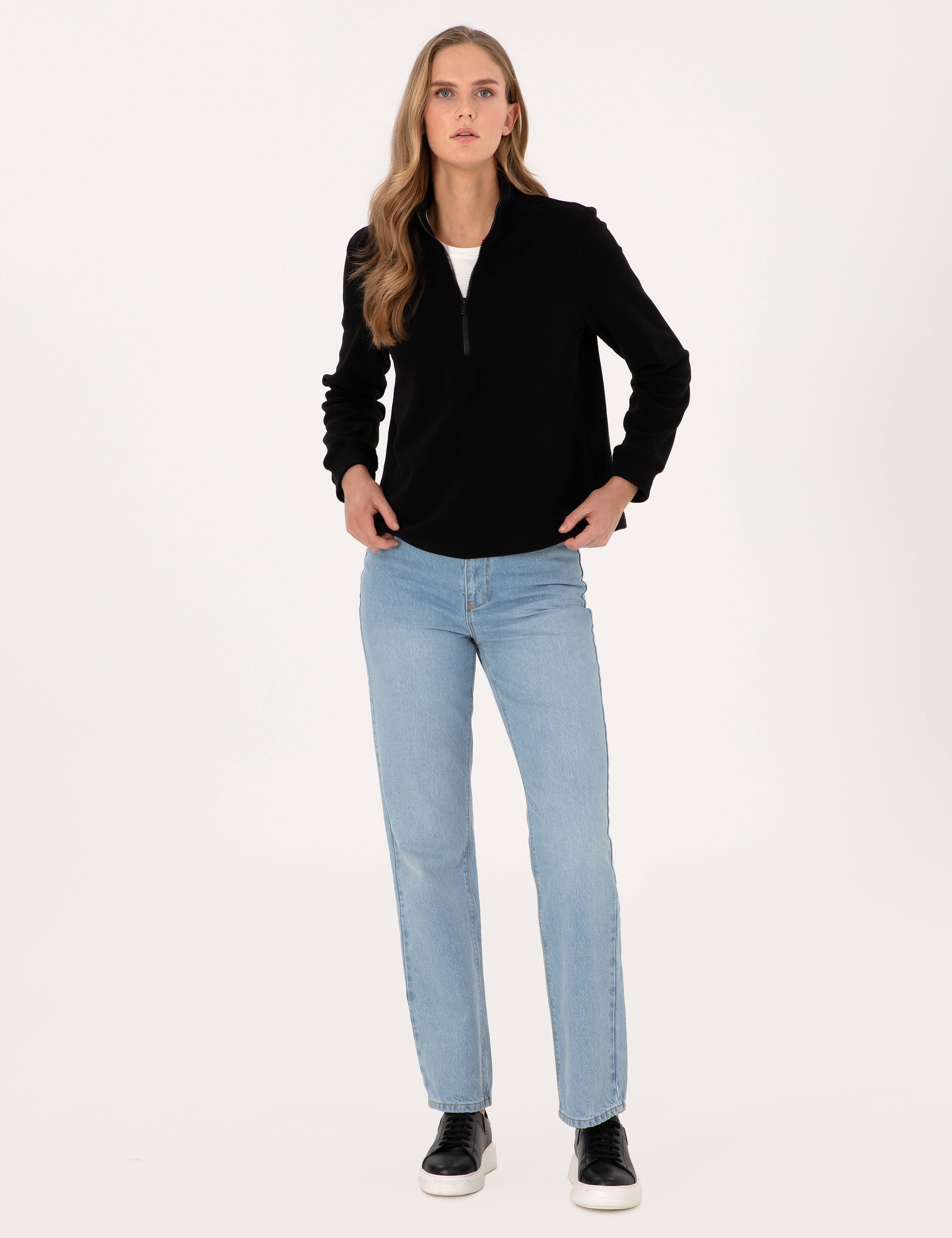 Siyah Comfort Fit Fermuarlı Polar Sweatshirt - Image 4