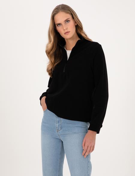 Siyah Comfort Fit Fermuarlı Polar Sweatshirt - 50316333045