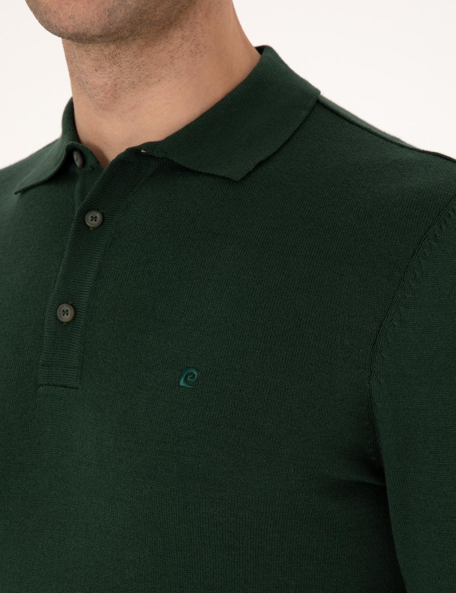 Koyu Yeşil Slim Fit Polo Yaka Basic Triko Kazak