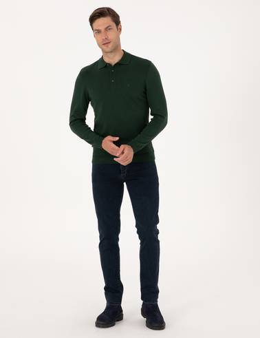 Koyu Yeşil Slim Fit Polo Yaka Basic Triko Kazak