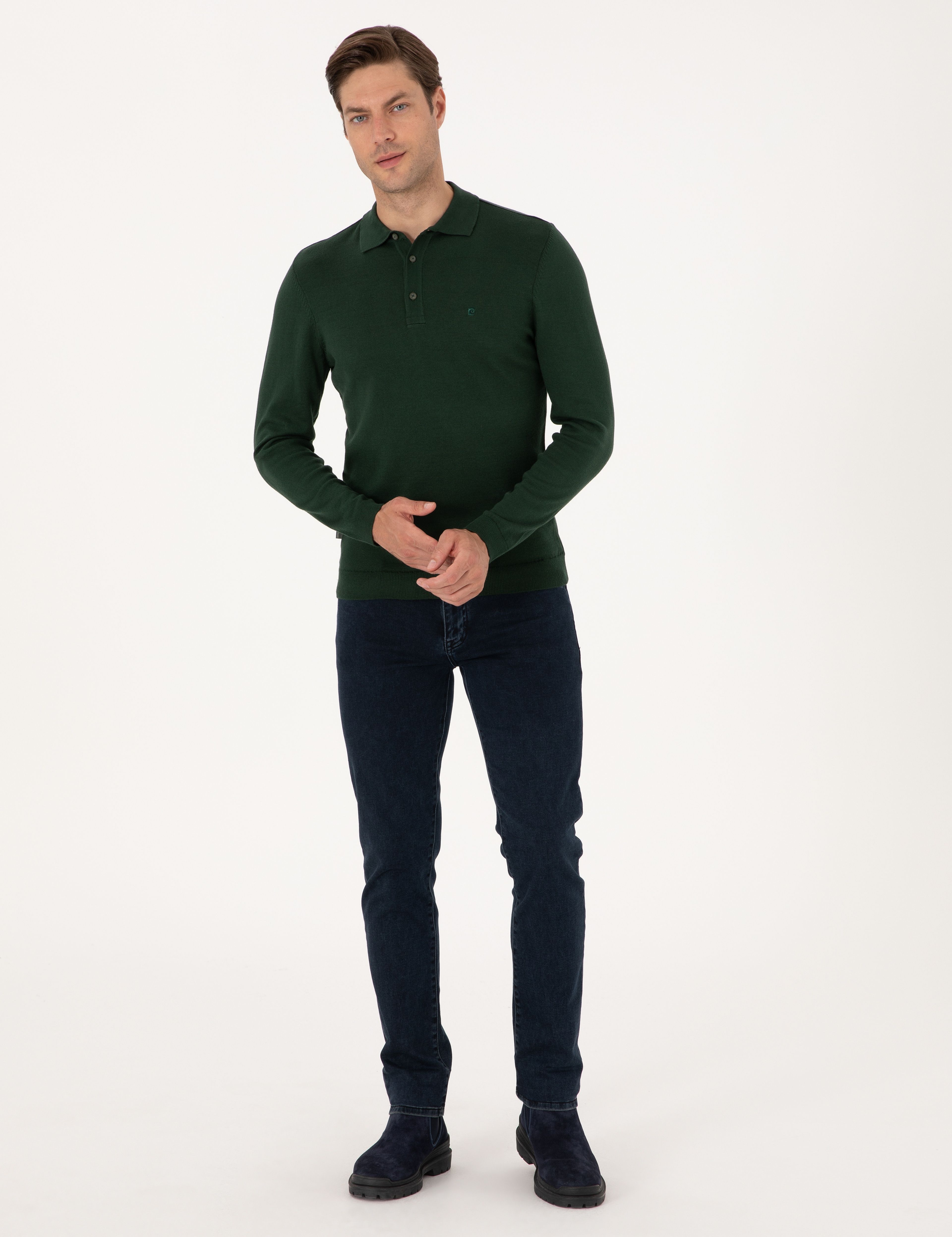 Koyu Yeşil Slim Fit Polo Yaka Basic Triko Kazak