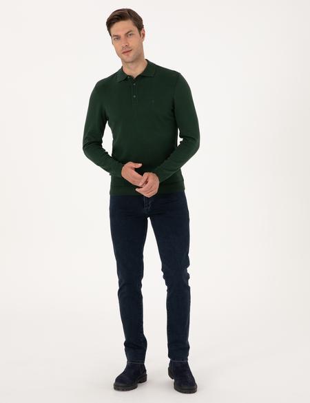 Koyu Yeşil Slim Fit Polo Yaka Basic Triko Kazak - 50314189046
