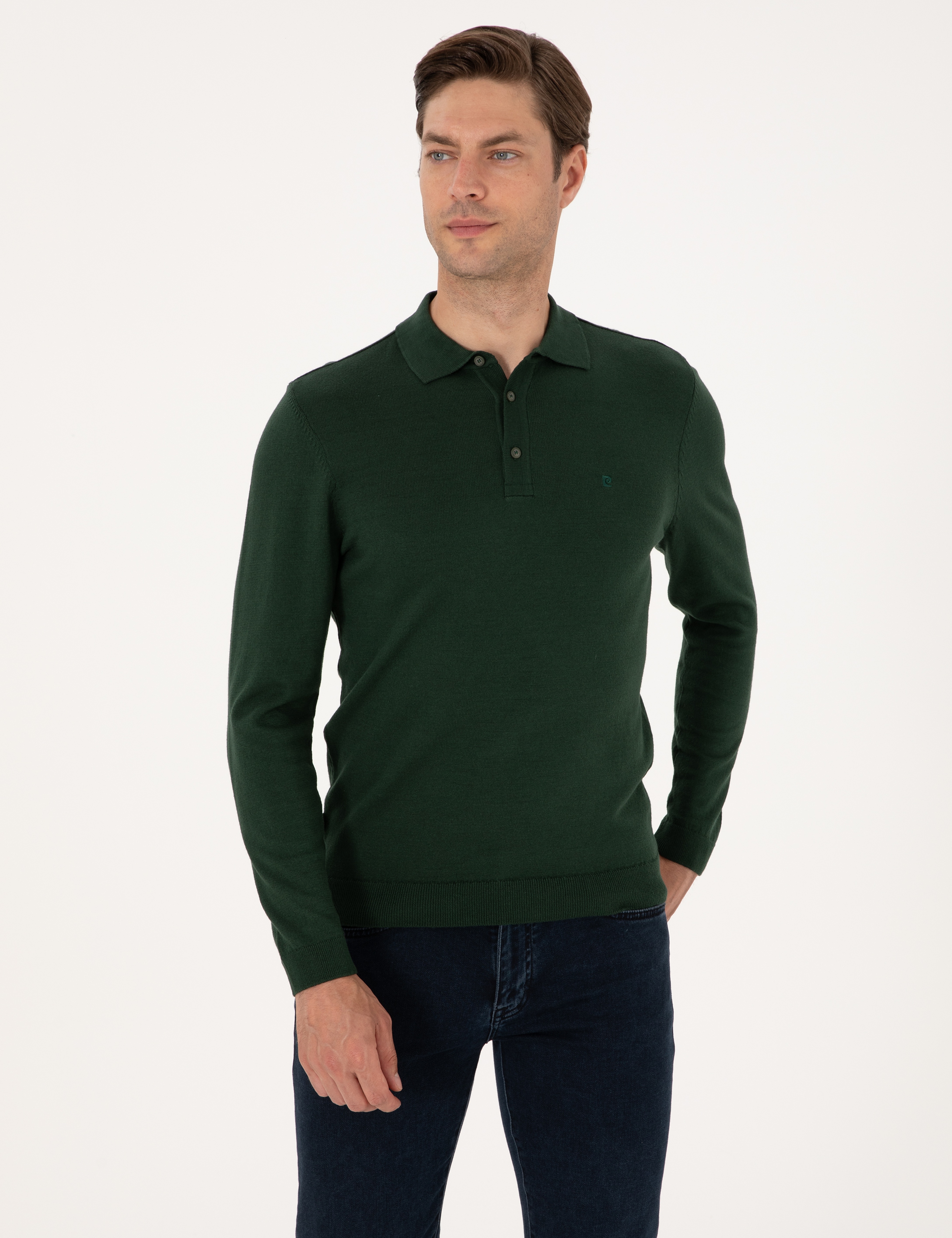 Koyu Yeşil Slim Fit Polo Yaka Basic Triko Kazak - Image 3