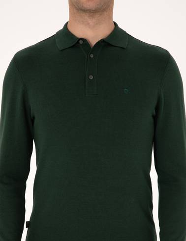 Koyu Yeşil Slim Fit Polo Yaka Basic Triko Kazak